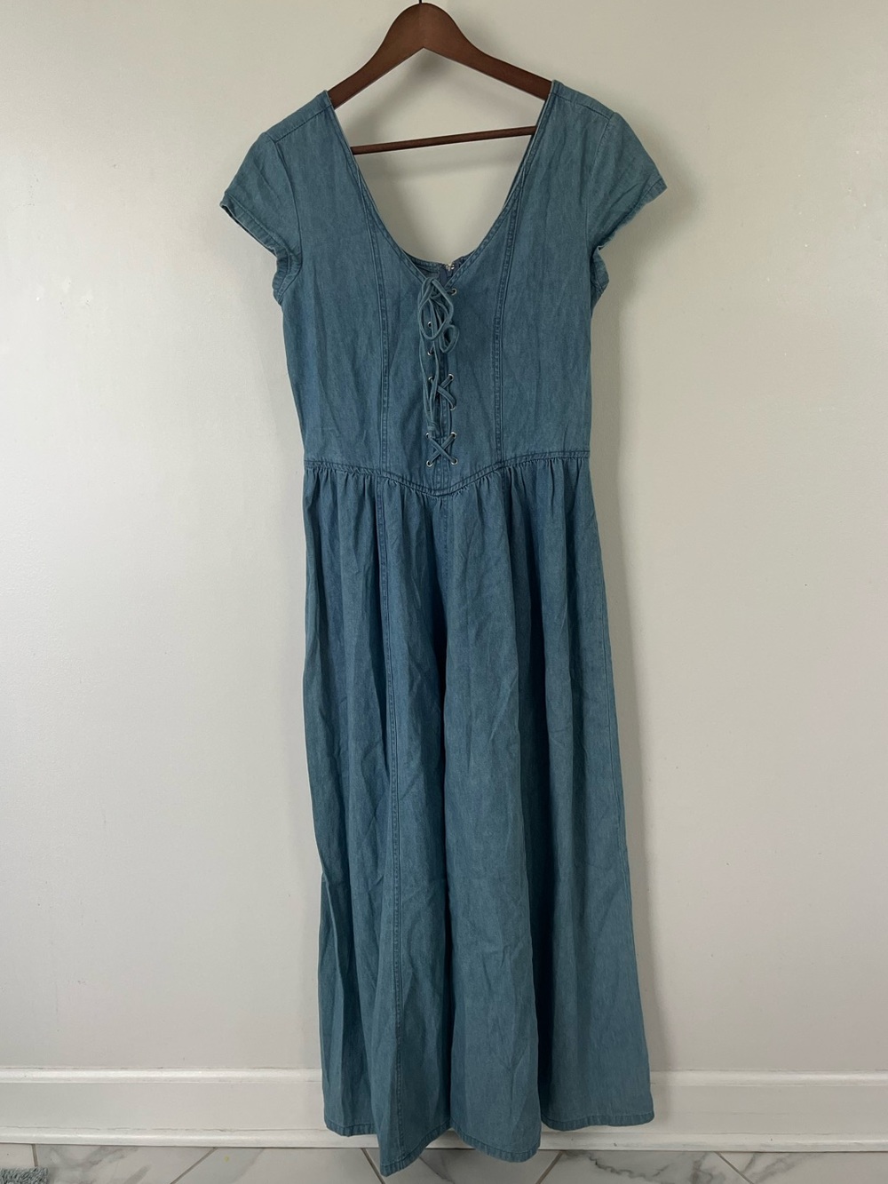 Newport News Blue Denim-Style Maxi Dress with Lace-Up Front